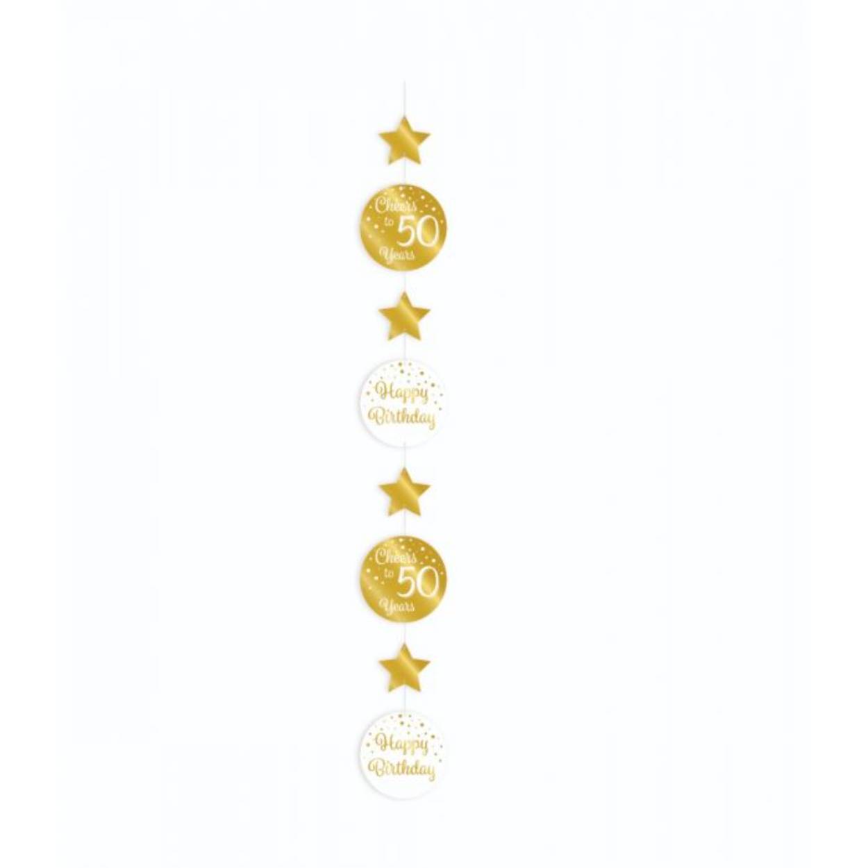 Een luxe feestje kan niet zonder deze gold/white hanging decorations en deze met opdruk 50 maakt het feestje echt af! De hanging decorations zijn gemaakt van plastic, zijn 120 centimeter lang en hebben een diameter van 15 centimeter. 