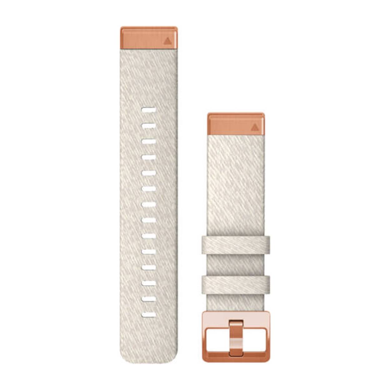Cremeheidekleurig nylon met rosegoudkleurige hardware voor om uw Garmin Fenix 7S horloge. 
U kunt de verwisselbare bandjes voor uw compatibele horloge eenvoudig wisselen en vastklikken. Kies voor leer, metaal of siliconen om de look van uw horloge in een flits te veranderen. Eenvoudig te wisselen en altijd stevig. Geen hulpmiddelen vereist.