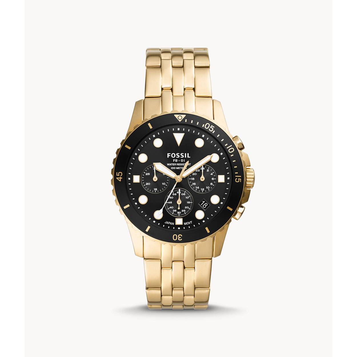 Dit Fossil horloge, uit de FB-01 collectie, heeft een vergulde stalen band en kast. De wijzerplaat is zwart met witte indexen en wijzers. Het horloge heeft een stopwatch functie, een datum aanduiding en is 10atm wateridicht.