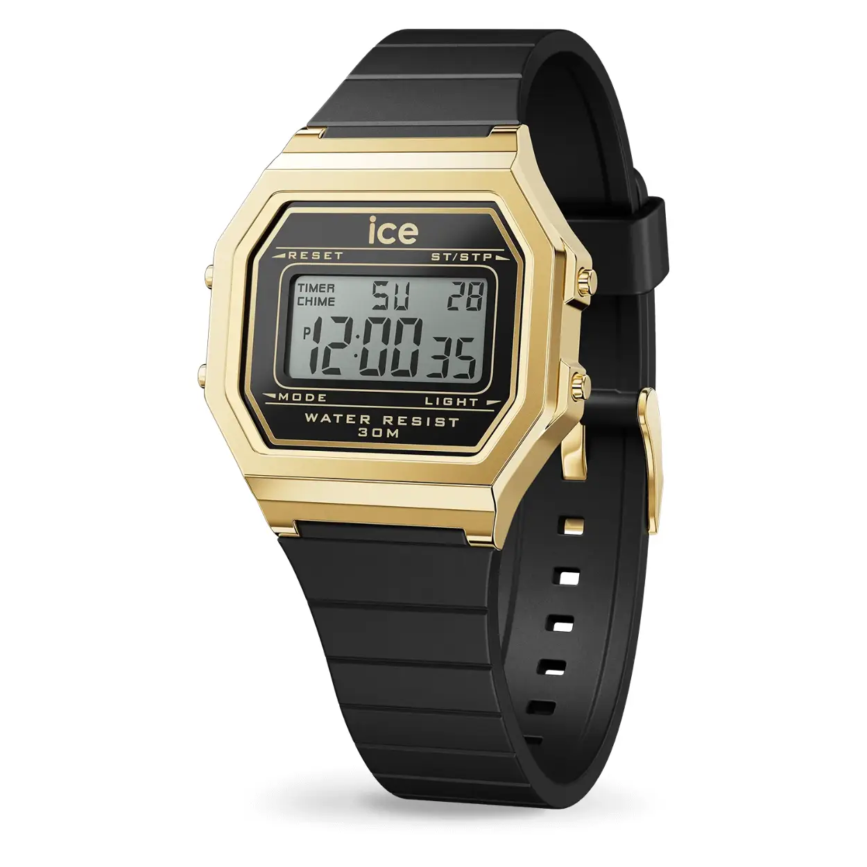 Laat je bekoren door de retro-look van de ICE digit retro - Black gold. Dit glamorous en tegelijk trendy horloge surft op de huidige trends. Het zachte bandje en de sobere digitale wijzerplaat passen perfect bij je meest chique en verfijnde outfits. 