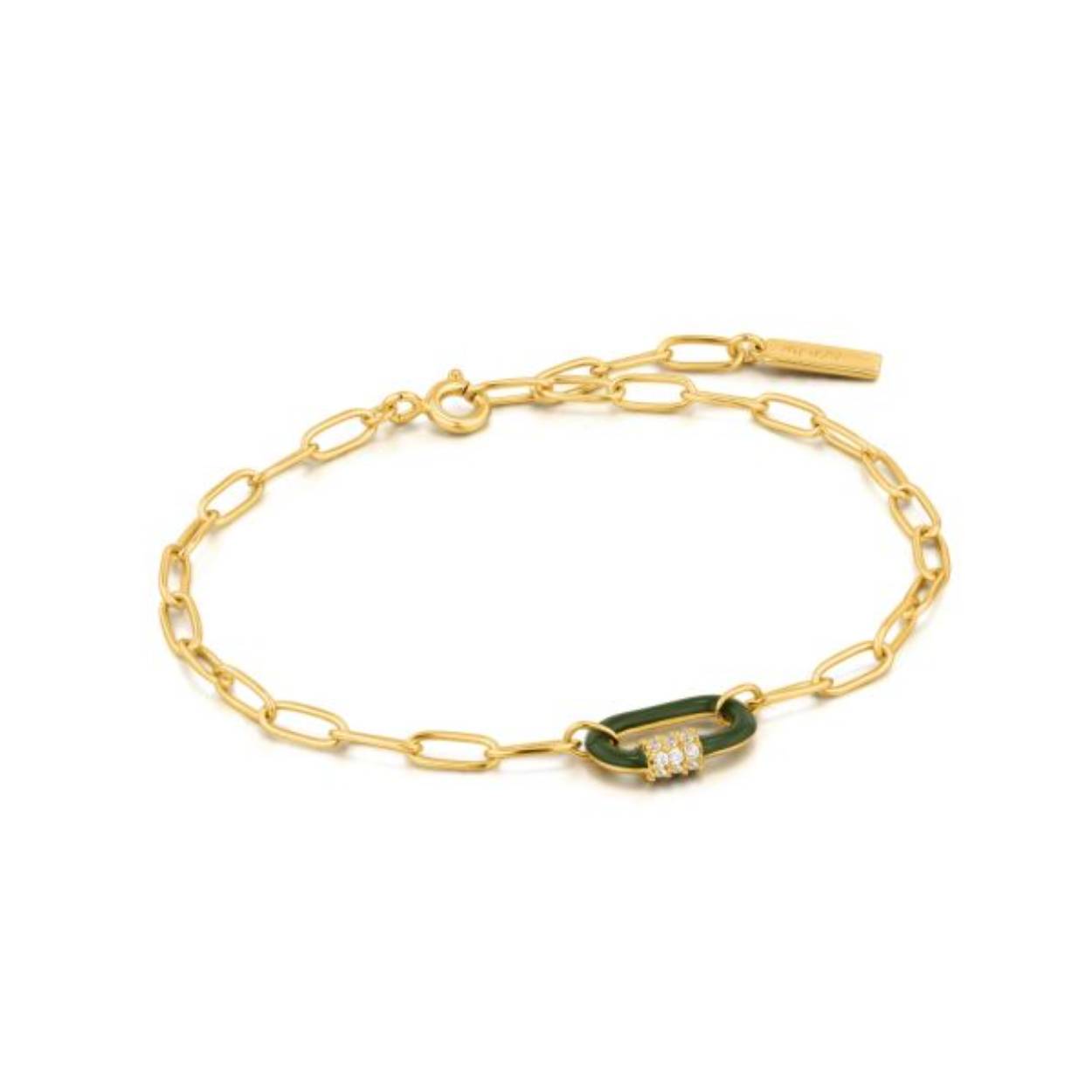 Deze 14K gold plated Forest Green Enamel Gold Link Bracelet uit de Bright Future collectie van Ania Haie is een mooie toevoeging aan jouw sieradencollectie! De armband bestaat uit een opengewerkte schakel met groen emaille en een stralende zirkonia. Combineer de sieraden uit de Bright Future collectie met elkaar voor een complete look en creëer je eigen stijl.