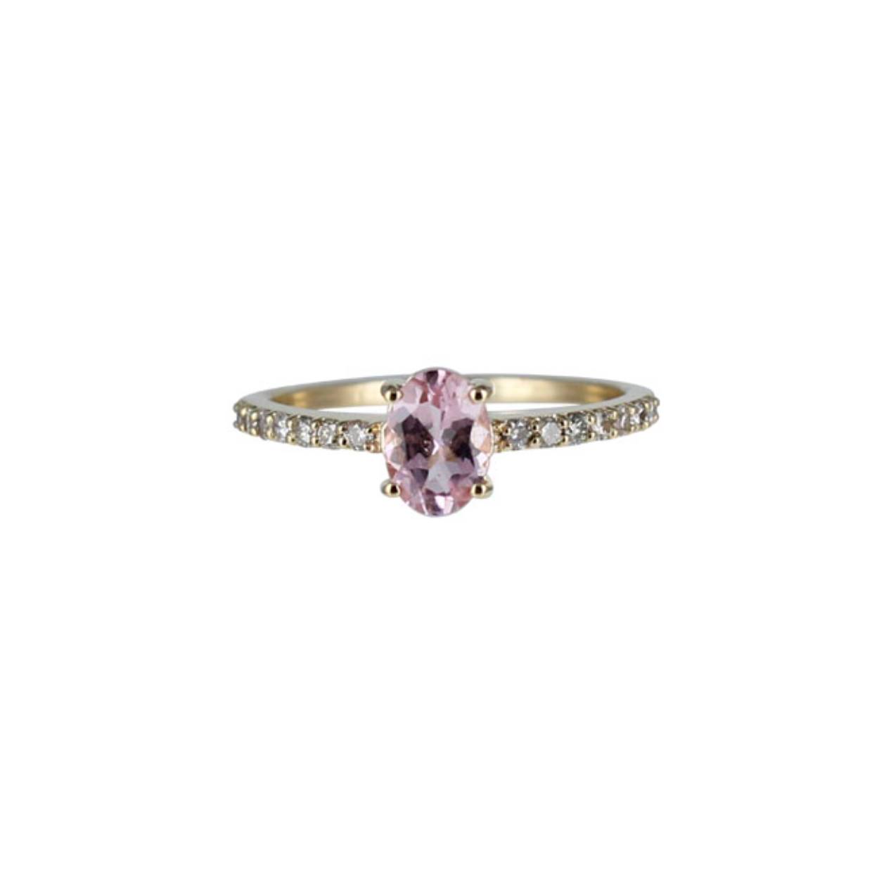 ring 14k geelgoud
ovale facet geslepen steen van 5×7 met diamantjes (HSI)