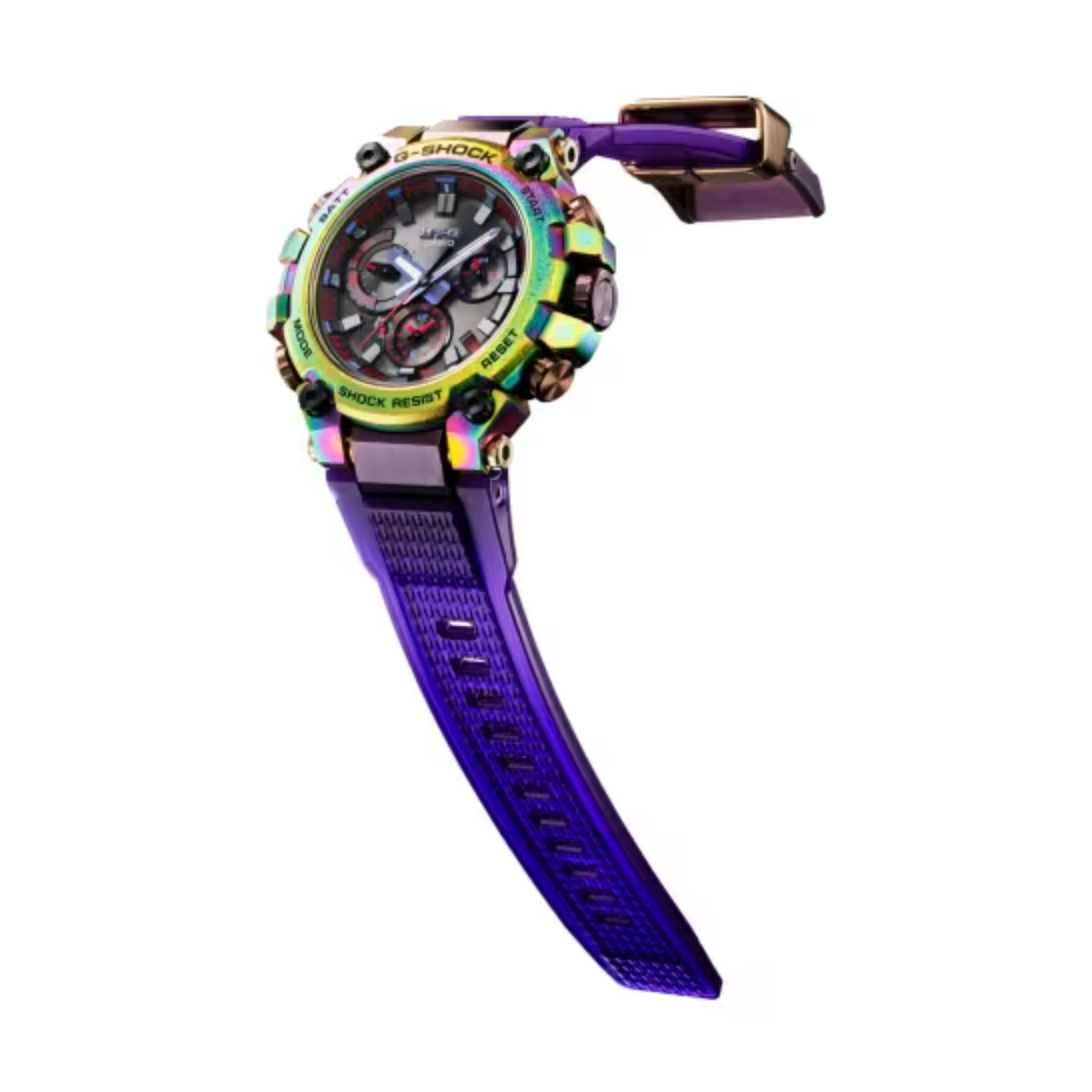 Casio G-Shock. Limited Edition. Dompel uzelf onder in een verbluffende structurele en stralende schoonheid: metaal komt samen met hars in een zeer speciaal MT-G uurwerk met textuurlook, geïnspireerd op het noorderlicht. De roestvrijstalen rand wordt eerst opnieuw gekristalliseerd en diep uitgehard, waarna een regenboogkleurige, ionplated (IP) coating wordt aangebracht voor een bijzondere bovenrand die speciaal voor dit ontwerp is ontwikkeld.