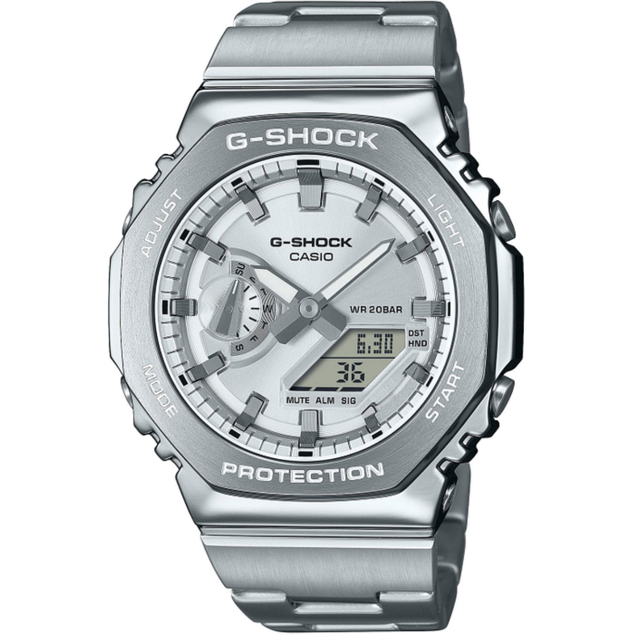 De CASIO G-SHOCK GM-2110D-7AER is een stoer en robuust horloge dat perfect is voor avonturiers en liefhebbers van duiken. Met een tijdaanduiding in analoge vorm en een Quartz uurwerk ben je altijd verzekerd van een nauwkeurige en betrouwbare tijdweergave.

De diameter van de behuizing van dit horloge is 44 mm en de hoogte is 12 mm, waardoor het horloge een opvallende verschijning om je pols zal zijn. De vorm van de behuizing is rond en de kleur is zilverkleurig, gemaakt van hoogwaardig roestvrij staal. De wijzerplaat van het horloge is grijs van kleur en het glas is gemaakt van mineraal, wat zorgt voor een goede bescherming tegen krassen en stoten.

De band van de CASIO G-SHOCK GM-2110D-7AER is zilverkleurig en gemaakt van roestvrij staal, wat zorgt voor een comfortabele en stevige pasvorm om je pols. Daarnaast beschikt dit horloge over een handige datumweergave en is waterdicht tot 20 bar, wat het geschikt maakt voor duiken en andere watersportactiviteiten.

De sluiting van de band is een vlinder- of vouwsluiting, waardoor het horloge gemakkelijk om en af te doen is. Als officieel Casio verkooppunt kunnen wij garanderen dat dit horloge van hoge kwaliteit is en voldoet aan de verwachtingen van de moderne en avontuurlijke horlogeliefhebber.
