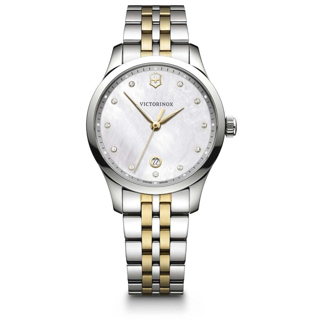 Swiss made watch that makes a style statement from desk to dinner
With eleven glittering Swarovski crystals set into the dial and circular date aperture at 6 o’clock
Features a mother-of-pearl dial adding a unique, standout detail