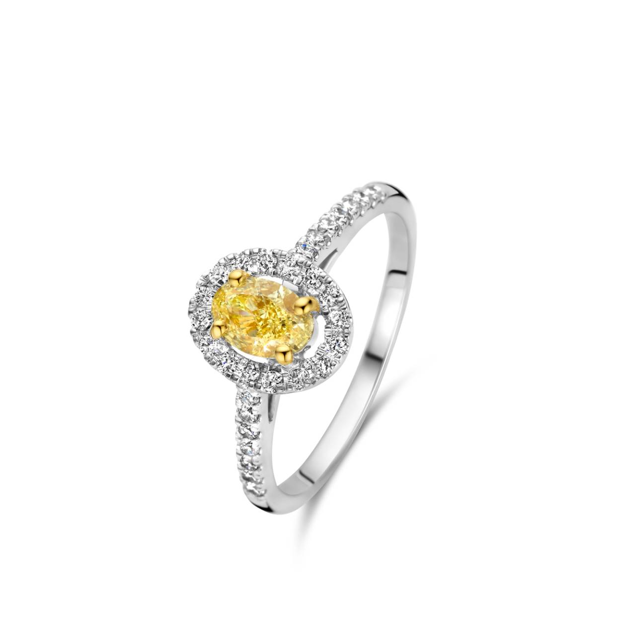 Naiomy ring wit goud 18k, 30 briljanten 0.27ct en 1 gele diamant ovaal slijpsel 0.61ct