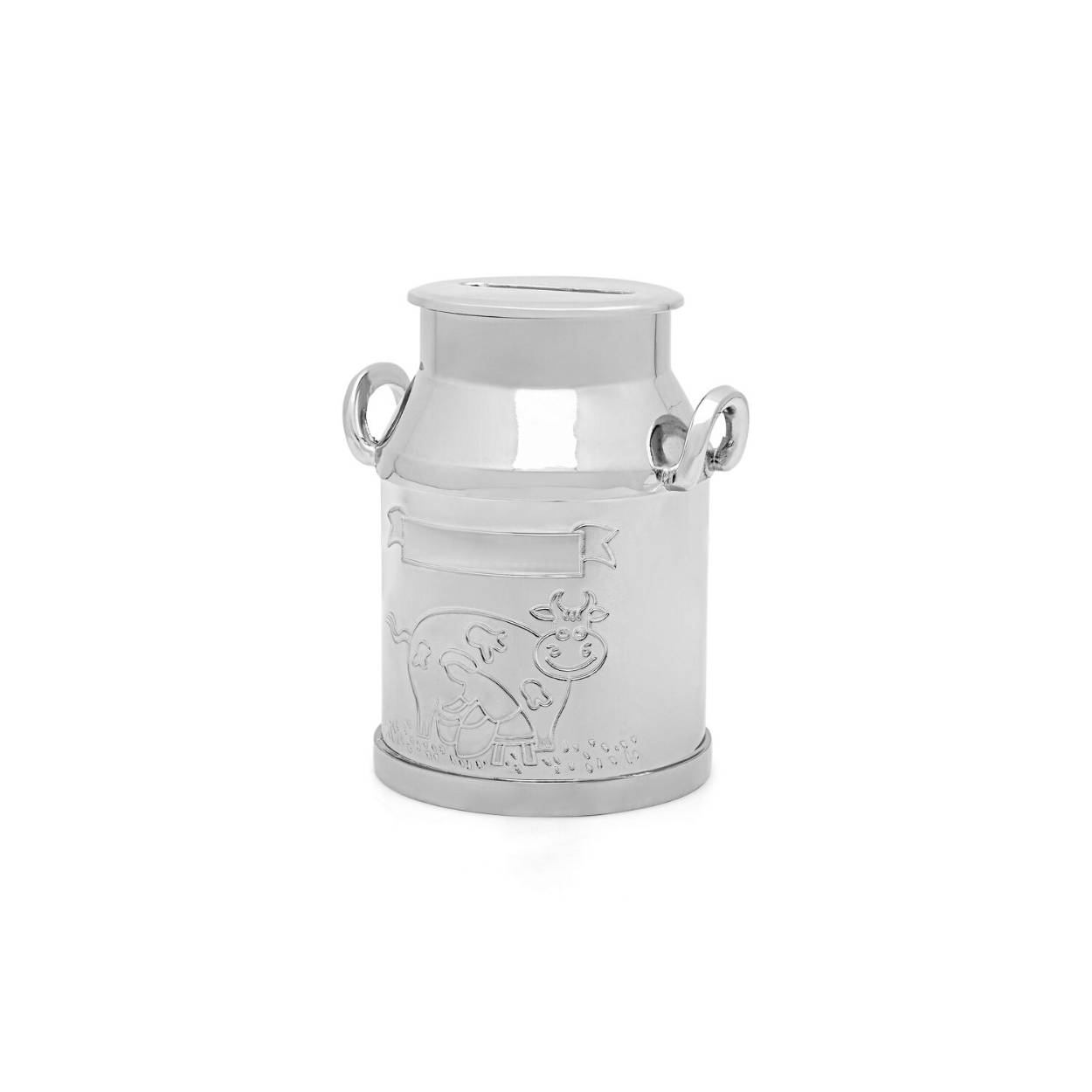 Spaarpot van een melkbus. De spaarpot is in zilver kleur en poetsen is overbodig. De spaarpot kan gegraveerd worden, wat het een persoonlijk (geboorte)cadeau maakt.
