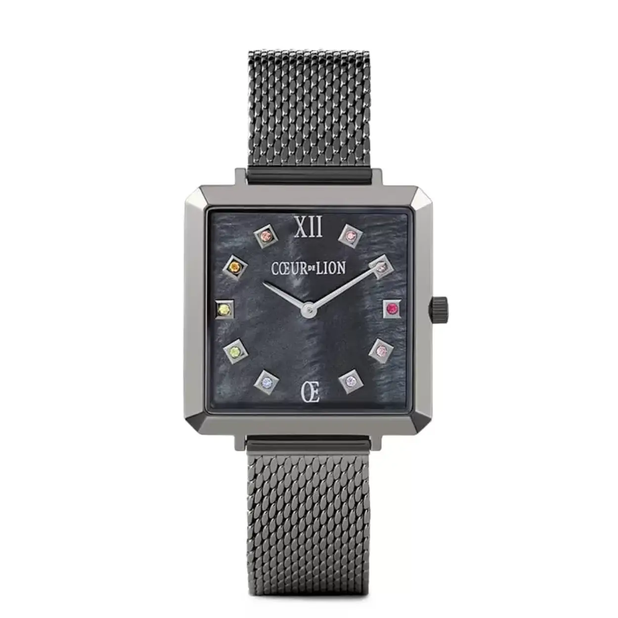 Coeur de Lion dames horloge. Grijs stalen band. Vierkanten kast met gekleurde stenen