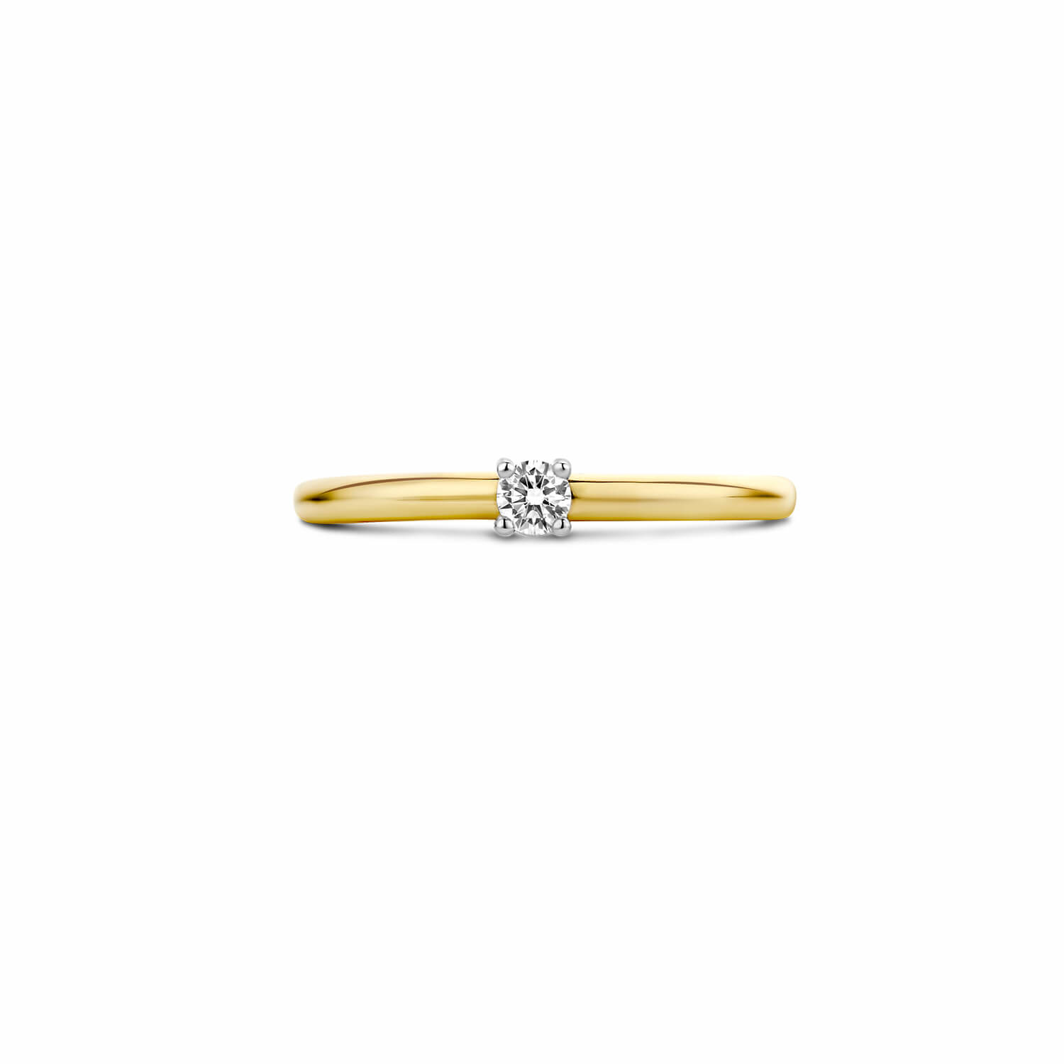 geelgouden ring solitair, witgouden zetting 4-poot chaton met diamant 0.06crt.