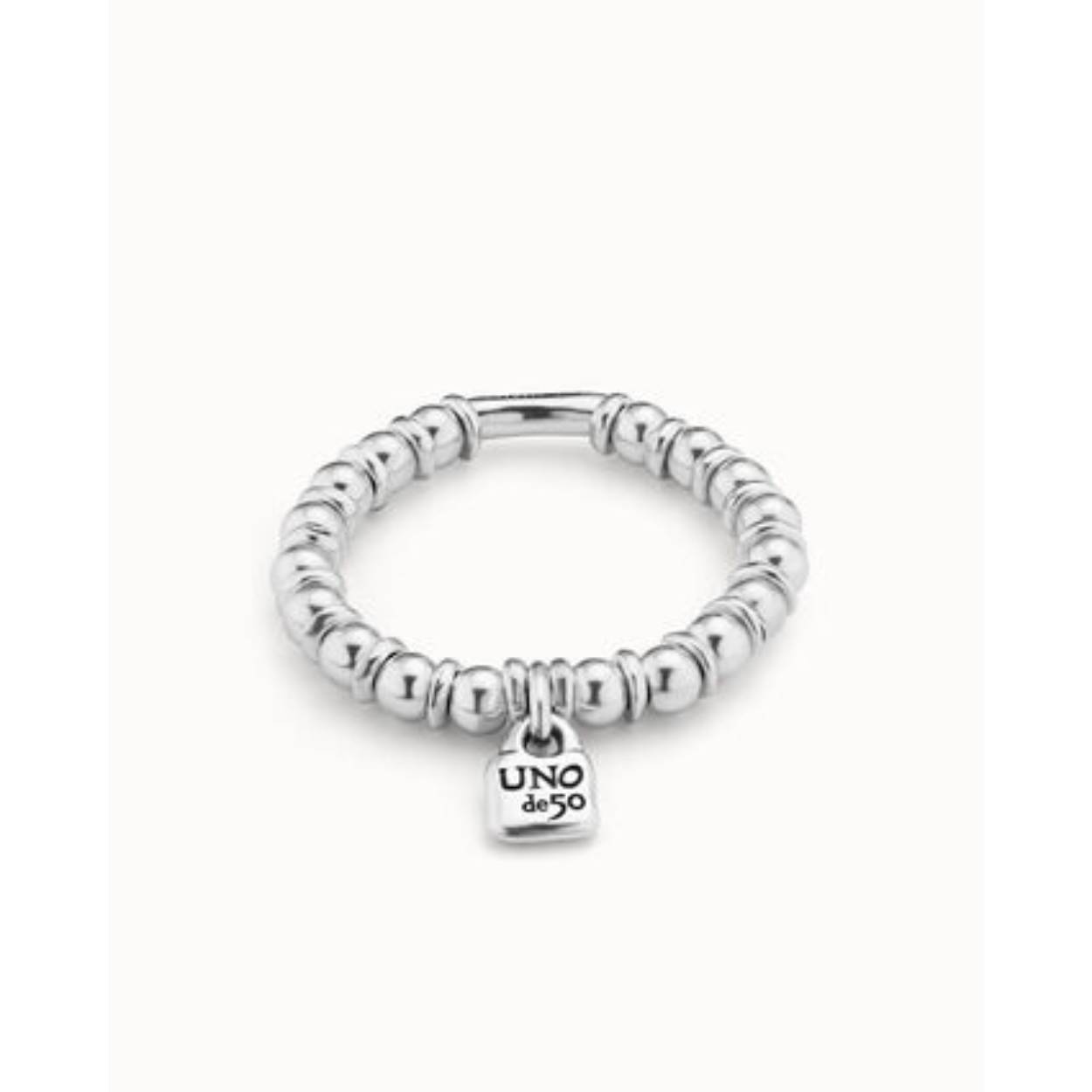 Uno de 50 armband Bohemian. Armband met verzilverde schijfjes en balletjes en een slotje.