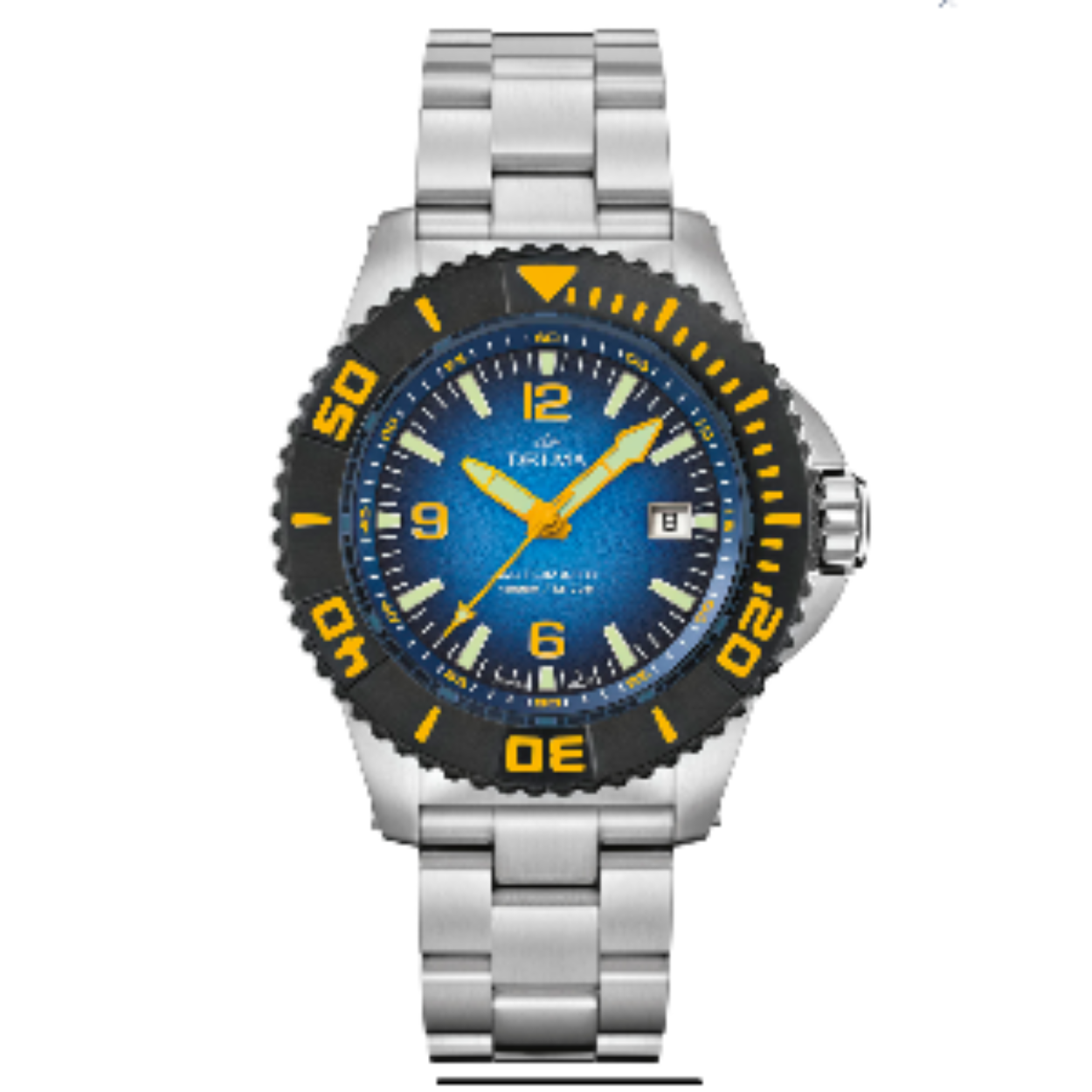 Delma Blue Shark III Azores, mechanisch duikhorloge met heliumventiel. Automatisch uurwerk met datum. Edelstalen kast en band met extra zwarte rubberen band en unieke set schroevendraaiers om de banden in te korten en te wisselen. Unidirectionele edelstalen zwarte DLC gecoate duikers lunette. Blauwe wijzerplaat met oplichtende indexen met arabische nummers. 400ATM / 4000 m / 13120 ft. Gelimiteerde oplage 342/500 wereldwijd per kast type.
