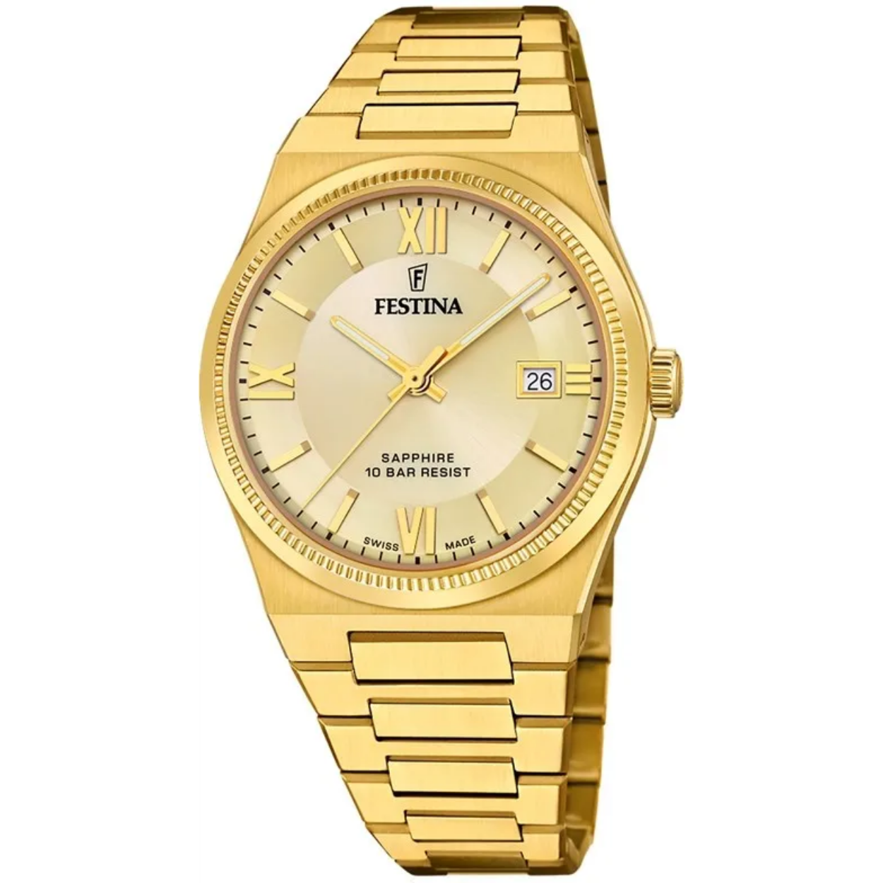 Herenhorloge van Festina. Het is een prachtig klassiek horloge met goudenkleurige schakelband en kast. De wijzerplaat is ook goudkleurig, met gouden wijzers. De wijzerplaat is verder ook uitgerust met een datumdisplay. 
Verder is het horloge 10ATM, wat het volledig waterdicht maakt, het is verder ook geschikt voor watersport en ondiep duiken, douchen, etc. 
Het Zwitserse Quartz uurwerk heeft 3 jaar fabrieksgarantie.
