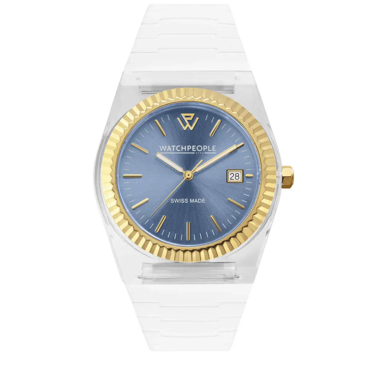 De verfijnde en trendy WP1 jeans blue is een stijlvolle fusie van casual denim en elegant goud. De wijzerplaat in denimblauwe tinten, die authenticiteit en moderniteit oproepen, wordt geaccentueerd door gouden accenten die een vleugje verfijning toevoegen. De transparante siliconen band maakt de esthetiek compleet, waardoor een horloge ontstaat dat zowel casual als luxueus is. Dit Swiss Made horloge belichaamt Zwitsers vakmanschap van uitmuntendheid, terwijl het saffierglas ongeëvenaarde bescherming biedt tegen krassen, waardoor het mooi blijft.