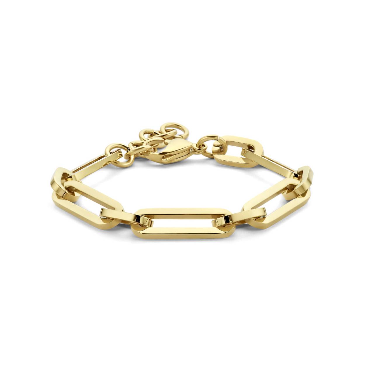 Stalen paperclip armband met een goudkleurige ion plating en een schakelbreedte van 8mm. De armband heeft een draaglengte van 17cm met een extensie van 3cm. Uitgevoerd met een karabijn sluiting. Geen garantie op plating.