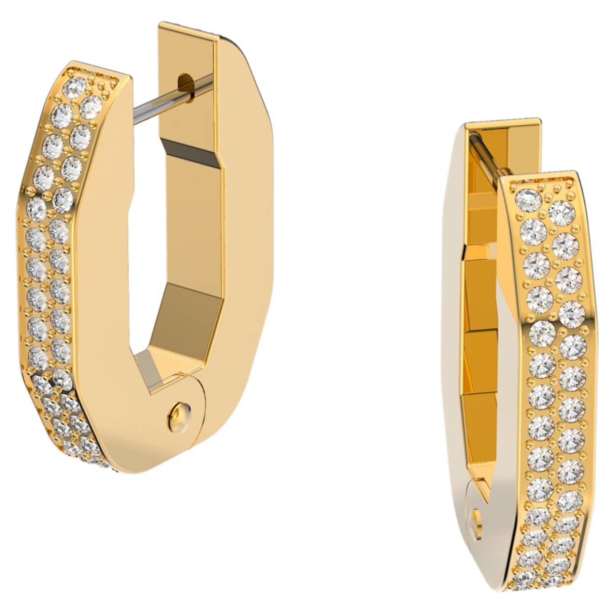 Deze kleine, gedetailleerde en stoere oorringen met een achthoekige vorm zijn een eerbetoon aan de stijlvolle pavétechniek van Swarovski en zorgen voor een modern statement. De fijne witte kristallen in zettingen met goudkleurige plating benadrukken een industrieel design dat je afzonderlijk kunt dragen of kunt combineren met andere oorsieraden uit de Dextera-lijn. Deze oorsieraden maken onderdeel uit van de Dextera-lijn en zijn ontworpen door Creative Director Giovanna Engelbert voor Collection II.