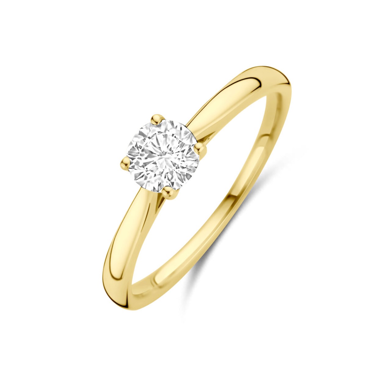 Huiscollectie 14krt geelgouden ring uitgevoerd met lab grown diamond. De ring heeft een breedte van 5mm. Het diamantgewicht is 0.50ct. Lab grown diamanten zijn diamanten die ontstaan in een laboratorium. Onder extreem hoge druk en temperatuur wordt het natuurlijk ontstaansproces nagebootst met als eindresultaat een diamant met dezelfde chemische eigenschappen maar met een andere oorsprong.

Dit artikel wordt geleverd met certificaat van de diamant.