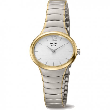 Trendy Boccia Dames horloge met een witte wijzerplaat en een bicolor horlogeband, voorzien van een Quartz uurwerk