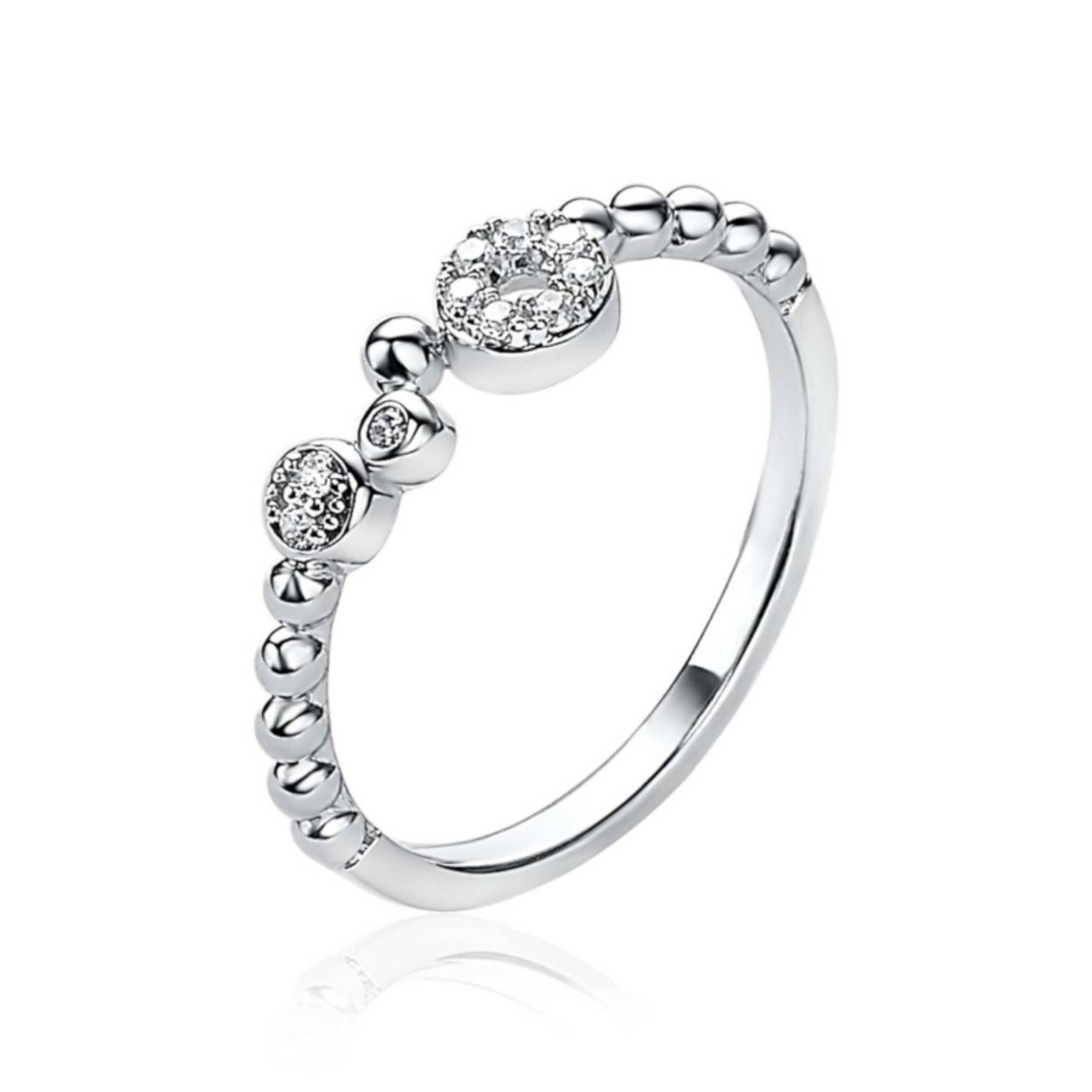 ZINZI zilveren fantasie ring met bolletjes motief en verschillende ronde vormen, bezet met witte zirconia's. Dit geeft de ring een schitterende uitstraling. Vervaardigd van eerste gehalte zilver (925) en met extra rodiumlaag voor een langdurige glans.