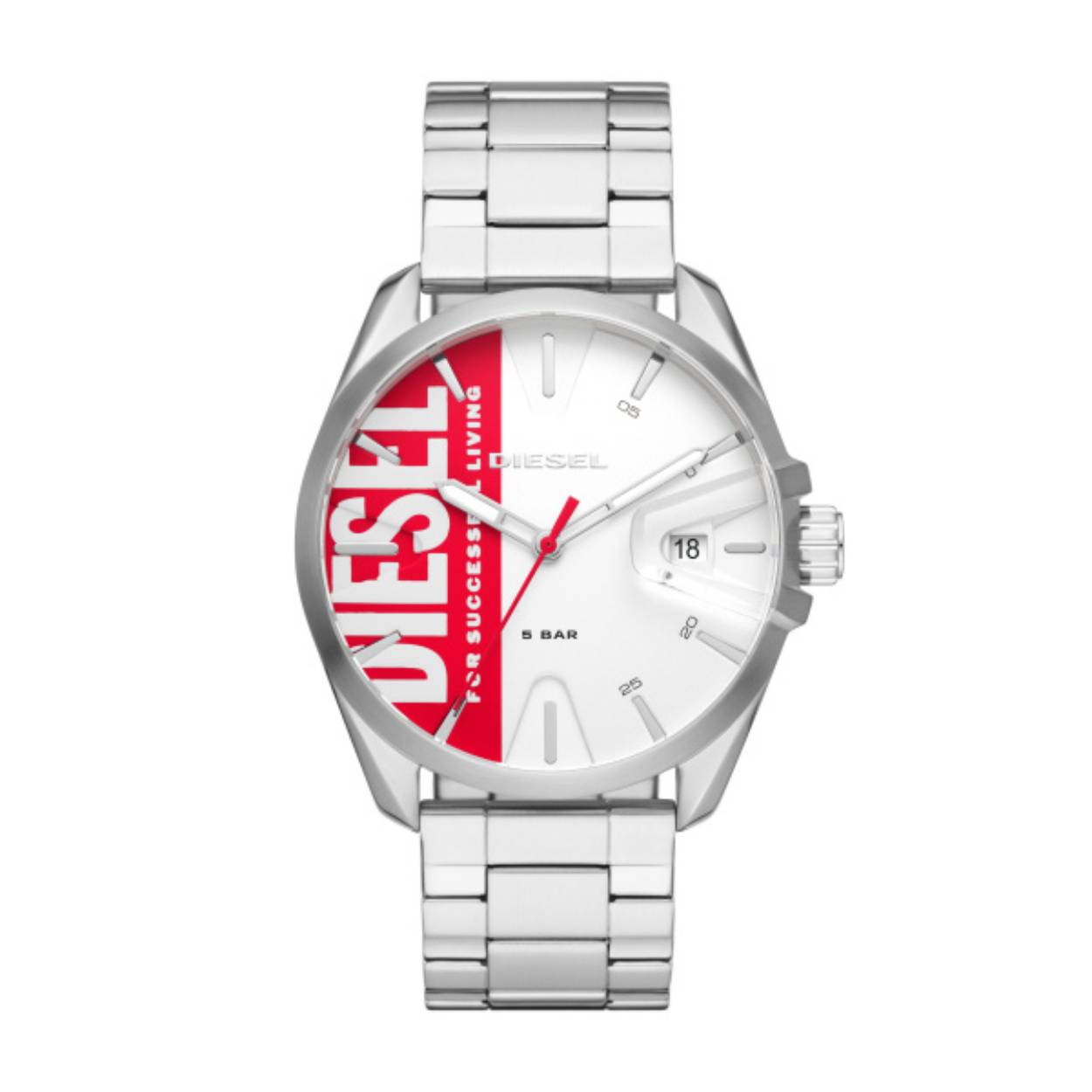 DIESEL horloge uit de MS9 Serie. Met een overduidelijk statement logo, stalen band en vergrootglas op de datum in een unieke vormgeving.