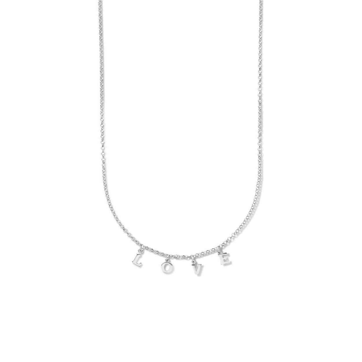 Gerhodineerd 925 zilveren collier uitgevoerd met de tekst 'love' en een karabijn sluiting. Het collier heeft draaglengtes van 42cm met een extensie van 45cm.