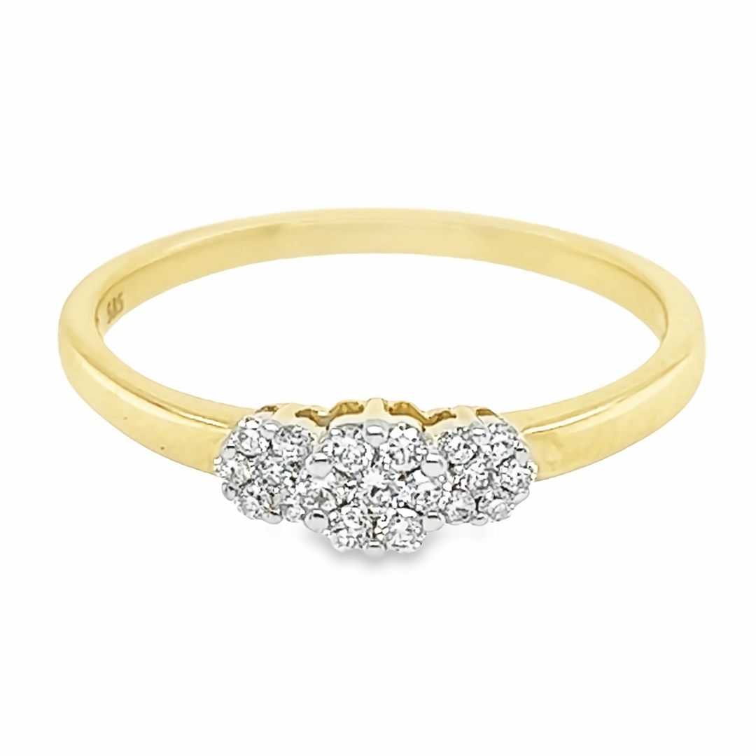 Deze geel gouden ring heeft een werkelijk schitterende uitstraling. De meerdere briljant geslepen diamanten zorgen voor deze prachtige schittering. Het totaal karaat gewicht is 0,20 en de briljanten zijn van mooie kwaliteit met zuiverheid SI1. De zetpoten zijn van bovenaf witgoud van kleur waardoor de briljant schittering extra mooi wit van kleur is.