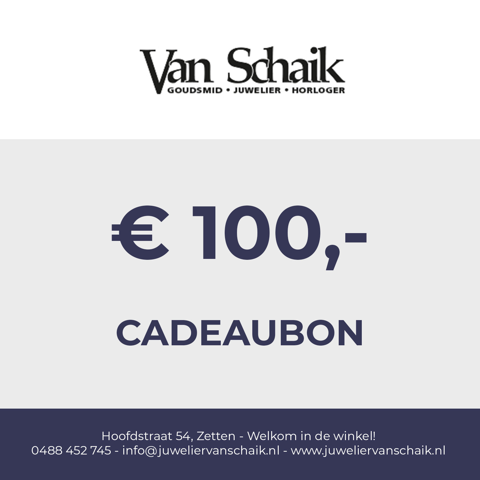 Koop online onze cadeaubon van € 100,- en wij verzorgen voor u een luxe cadeauverpakking.