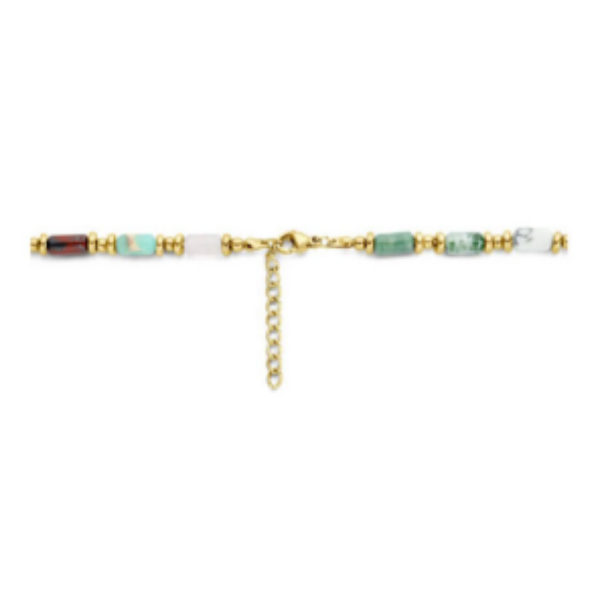 Staal collier natuursteen 4.5mm 45cm Goldplated. Howliet, rozenkwarts, paars aventurijn, indiaas agaat en groen jaspis.