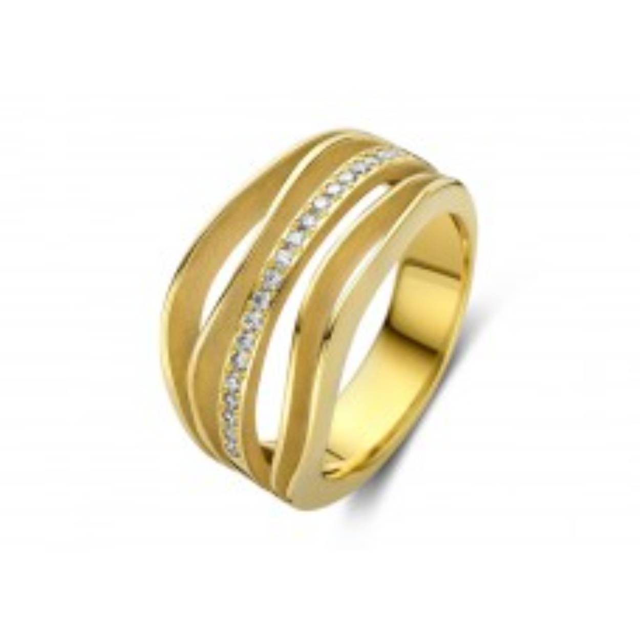 De ring is vervaardigd uit 18 kt geelgoud. Hij is gezet met briljant 0.16ct gezet in griffen.