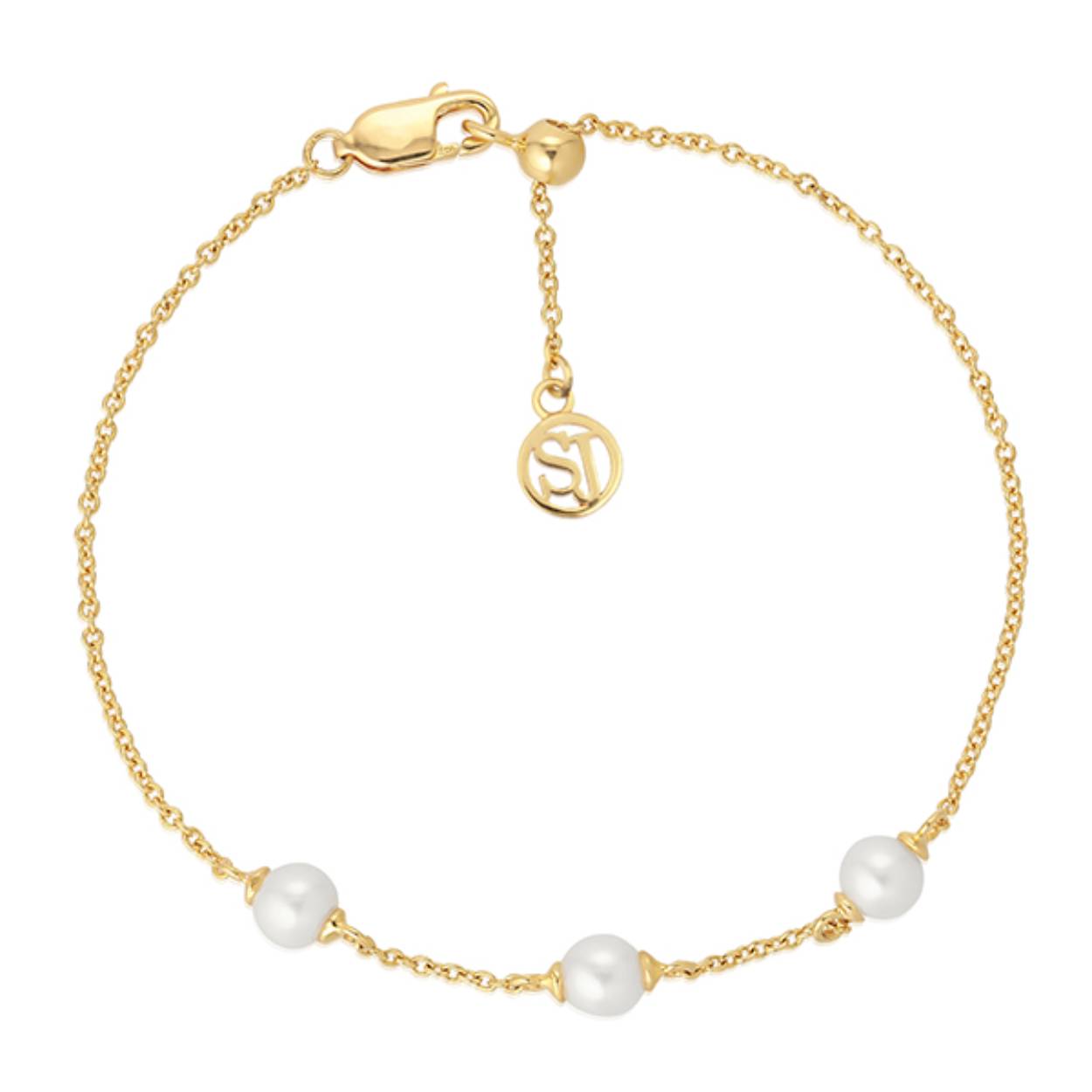 Dit is een zilveren 18 k vergulde armband van het merk Sif Jakobs met 3 zoetwaterparels 