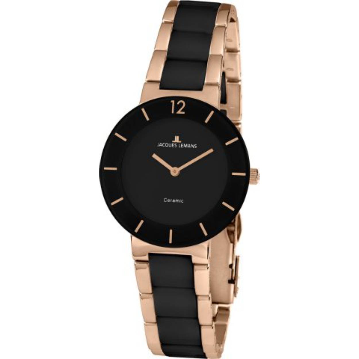 Dit dameshorloge is van het merk JACQUES LEMANS. Het is een horloge met een band gemaakt van RVS en keramische. De diameter van de kast is 34 mm.