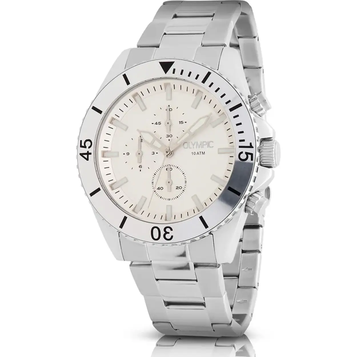 Olympic OL89HSS053 Paul Horloge Heren Staal 43mm 
Dit unieke Olympic horloge met artikelnummer: OL89HSS053 is een heren horloge met een stoere uitstraling. De stalen kast heeft een bewerkte bezel en een zilverkleurige wijzerplaat met een chronograaf. De uursaanduiding is opvallend door de lumibrite strepen en wijzers. Dit geeft het horloge een stoer uiterlijk. Aan de stalen kast zit een stalen mat glimmende schakelband met een vouwsluiting. Het horloge heeft een mineraalglas, een doorsnee van 43mm en is 10ATM.

Waterdichtheid 10ATM
Dit horloge is bestand tegen water bij het zwemmen en douchen. Dit horloge is niet bestand tegen (grote) waterdruk dus je kunt er niet mee duiken.

Het merk:
Een mooi horloge hoeft niet duur te zijn! Het Nederlandse horlogemerk Olympic levert stoere chronografen, slimline series, digitale uurwerken en elegante dameshorloges. De prijs-kwaliteitverhouding staat bij Olympic hoog in het vaandel met prijzen die uiteenlopen van € 34,95 tot en met € 159,00.

100% Nederlands ontwerp, waterdicht en standaard 3 jaar fabrieksgarantie.

Specificaties:
- Ronde kast Ø 43mm
- Stalen horlogekast
- Zilverkleurige wijzerplaat
- Stalen schakelband
- 10ATM 
- Standaard 3 jaar fabrieksgarantie
- Mineraalglas