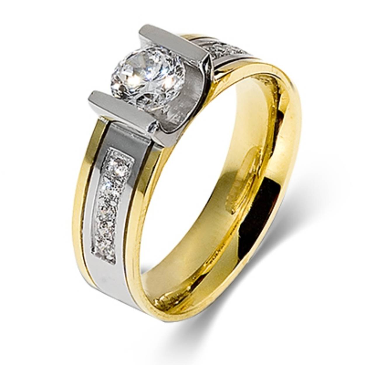 585 bicolor trouwringen geel/witgoud.  Glanzend, 6 mm breed. de damesring is gezet met totaal 0.95 ct briljant 11 steens.
De prijs is op aanvraag