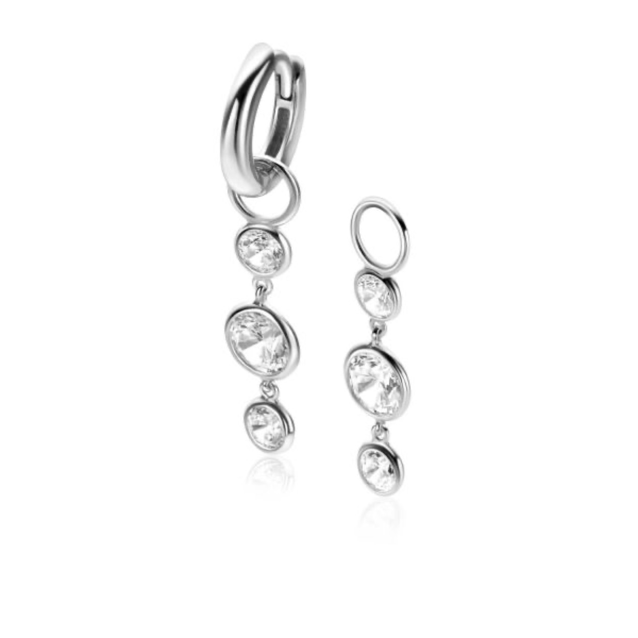 24 mm ZINZI zilveren oorbedels met 3 bungelende witte ronde zirconia's ZICH2593 (zonder oorringen)