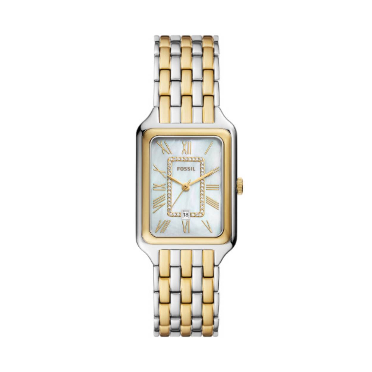 Fossil dames polshorloge uit de Raquel Collectie. 2 kleurig edelstalen kast en band met parelmoeren wijzerplaat. 5 ATM waterdicht. Quartz uurwerk.