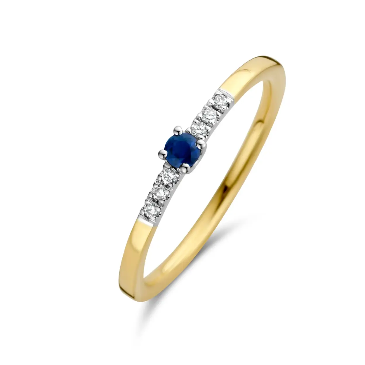 gelgouden ring kleursteen/diamant saffier maat 18