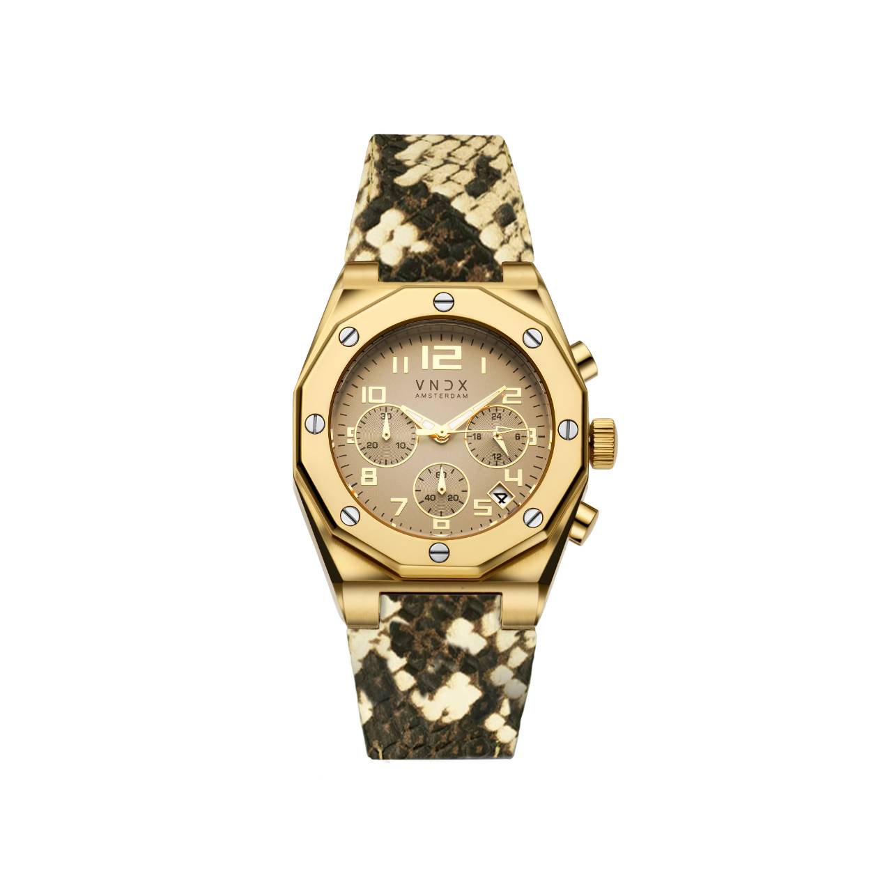 Maak een statement met The One Snake Goud Beige van VNDX Amsterdam. Dit horloge combineert tijdloze elegantie met hoogwaardige materialen, luxe details en een opvallende leren band met snakeprint. De gouden kast en de verfijnde beige wijzerplaat vormen een perfecte balans tussen stijl en eenvoud, terwijl de unieke band een gedurfde en moderne twist toevoegt. Een veelzijdig horloge dat zowel dagelijks als bij speciale gelegenheden indruk maakt.

Waarom je The One moet hebben:

Krasbestendig saffierglas: Altijd een heldere wijzerplaat, zelfs bij dagelijks gebruik.
Lichtgevende wijzers: Voor zichtbaarheid, zelfs in het donker.
Leren band met snakeprint: Comfortabel en stijlvol, voor een onderscheidende look.
Waterdicht tot 10 ATM: Geschikt om mee de grachten in te springen.
Met The One Snake Goud Beige draag je niet alleen de tijd, maar maak je een statement van luxe, stijl en karakter. Voeg dit iconische horloge vandaag nog toe aan je collectie!