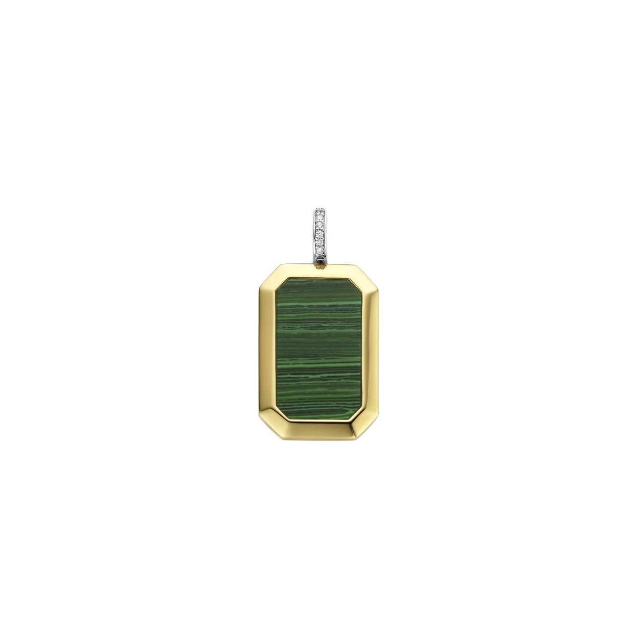 Dit TI SENTO - Milano gold-plated zilveren medaillon 6809MA is verrijkt met een rechthoekige malachietgroene steen, bevestigd in een stevige vergulde zetting. De sluiting is versierd met glinsterend witte cubic zirconia. Deze iconische hanger, gemaakt van 925 sterling zilver, geeft elke outfit een stijlvolle en luxueuze look. Bewaar je mooiste herinneringen in dit bijzondere, open medaillon. Mix het met andere pendanten en creëer je meest modieuze look. Het medaillon wordt zonder ketting geleverd.