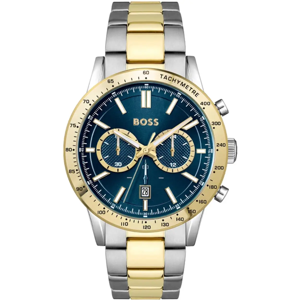 BOSS HB1514163 ALLURE Herenhorloge 44mm 
Dit BOSS horloge uit de ALLURE serie met artikelnr: HB1514163 heeft een stoere sportieve uitstraling. Zeer geschikt voor de moderne stijlvolle man van nu. Het stalen herenhorloge valt op door zijn stalen horlogekast met een bewerkte goudkleurige bezel en een blauwe sunray wijzerplaat met een chronograaf en datum. Opvallend zijn de wijzers en uursaanduiding die met lumibrite de tijd aangeven. Aan de kast zit een bicolor stalen schakelband met vouwsluiting. De kast van het horloge heeft een doorsnee van 44mm met mineraalglas en is 5ATM. 

HET MERK:
HUGO BOSS is afgestemd op levensstijlen waar het gaat om kwaliteit en precisie. Het wereldwijde fashionlabel is verdeeld in twee merken: BOSS en HUGO. Het merk BOSS biedt geavanceerde, moderne horloges gericht op kwaliteit en design om een onberispelijke look te creëren – of het nu zakelijk, casual of sportief is. De horloge collectie van BOSS is perfect afgestemd op levensstijlen waar het gaat om kwaliteit en precisie. BOSS is op maat gemaakt in een onberispelijke stijl.

Blijf stijlvol bij de tijd. Voor de BOSS-vrouw is stijl het handelsmerk en draait alles om
details. Breng uw look naar een hoger niveau met onze nieuwe en kenmerkende horlogecollectie.

SPECIFICATIES:
- Mineraalglas
- Ronde kastvorm, Ø 44mm
- Stalen horlogekast
- Blauwe wijzerplaat
- Bicolor schakelband