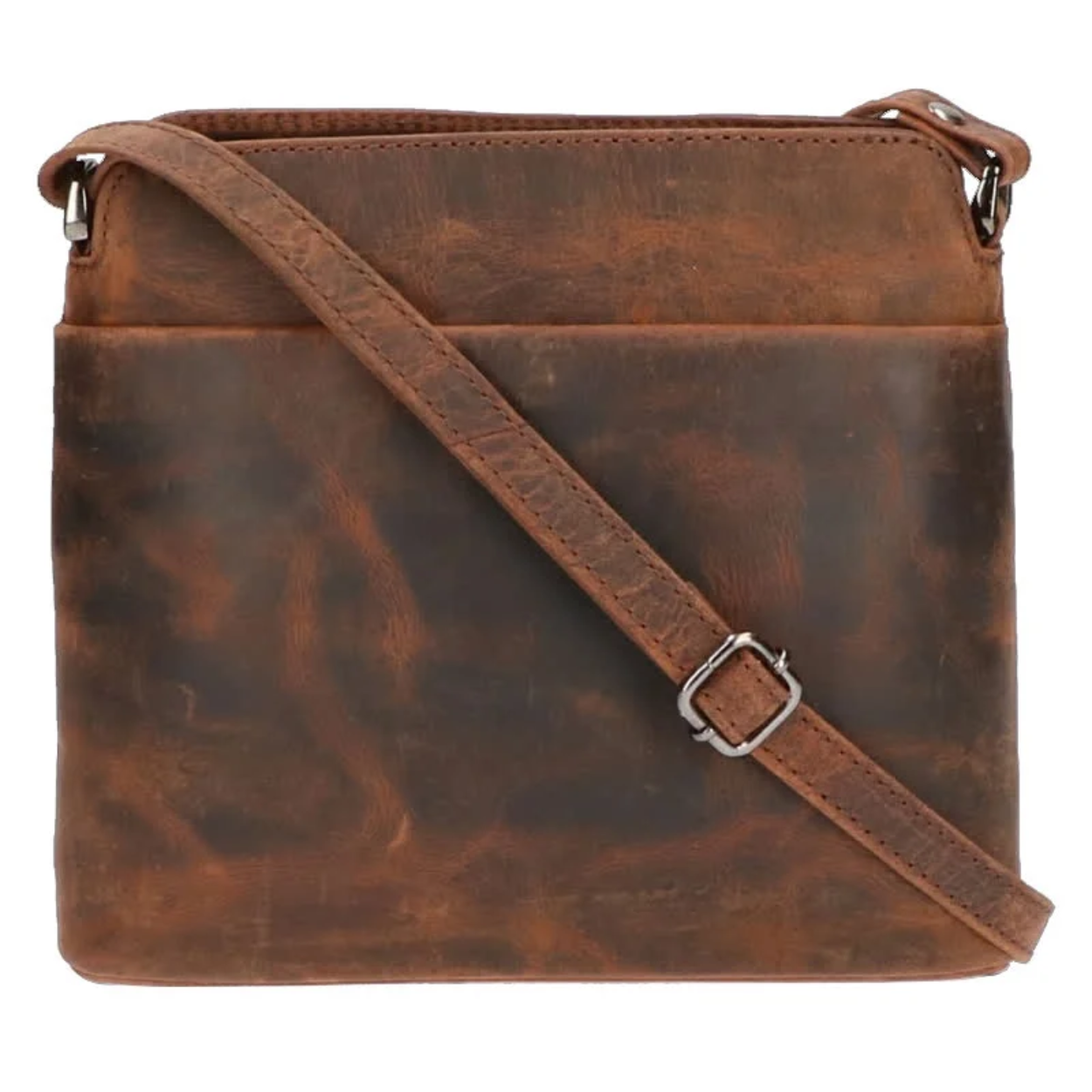 Dames cross body met een stoere look. Voorzijde en achterzijde zijn voorzien van een rits. Onder de toprits zit een vak met binnenrits en telefoonvak.

Afmetingen:
Hoogte 19cm x breed 22cm x diep 7cm