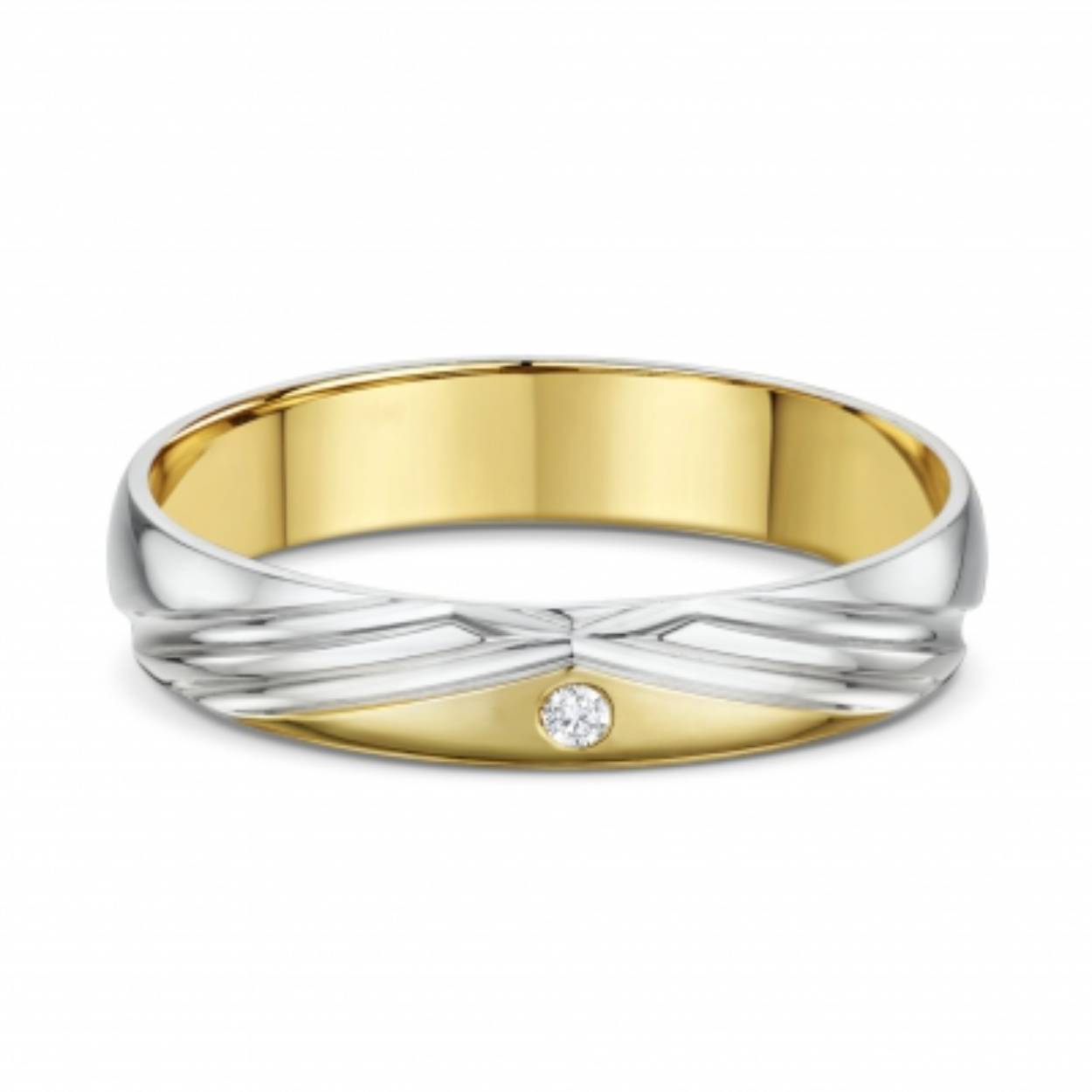 14 karaat wit/geelgouden trouwringen, bicolor, Damesring is gezet met  0.015crt diamant.
Prijs is op aanvraag