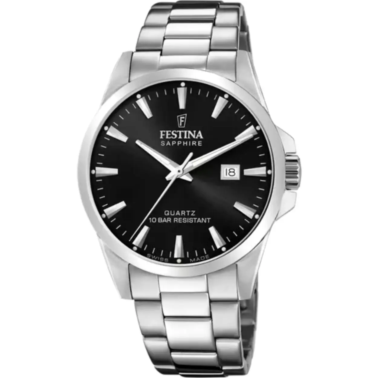 Festina - Staal heren horloge, Swiss Made, Quartz 100 meter WR, Saffierglas, zwarte wijzerplaat - F20024/4