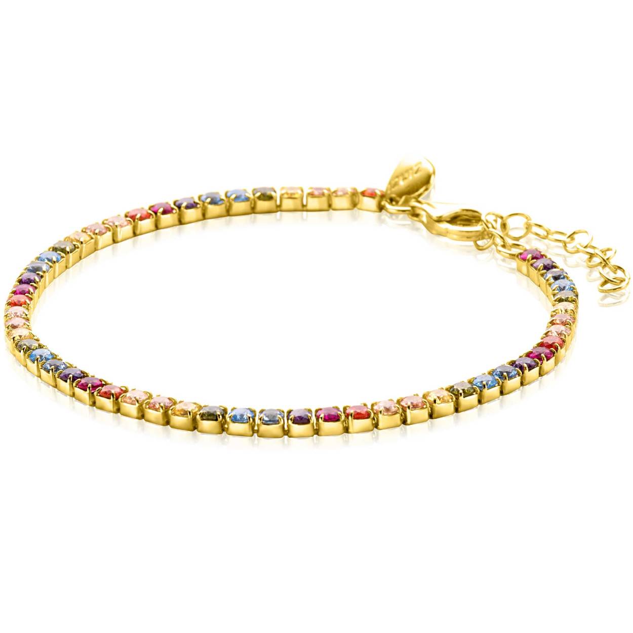 ZINZI gold plated zilveren tennis armband 3mm breed bezet met regenboog kleurstenen in vierkante kastzettingen. De lengte van de armband is te variëren tussen 17cm en 20cm. Vervaardigd van eerste gehalte zilver (925) en extra geel verguld.