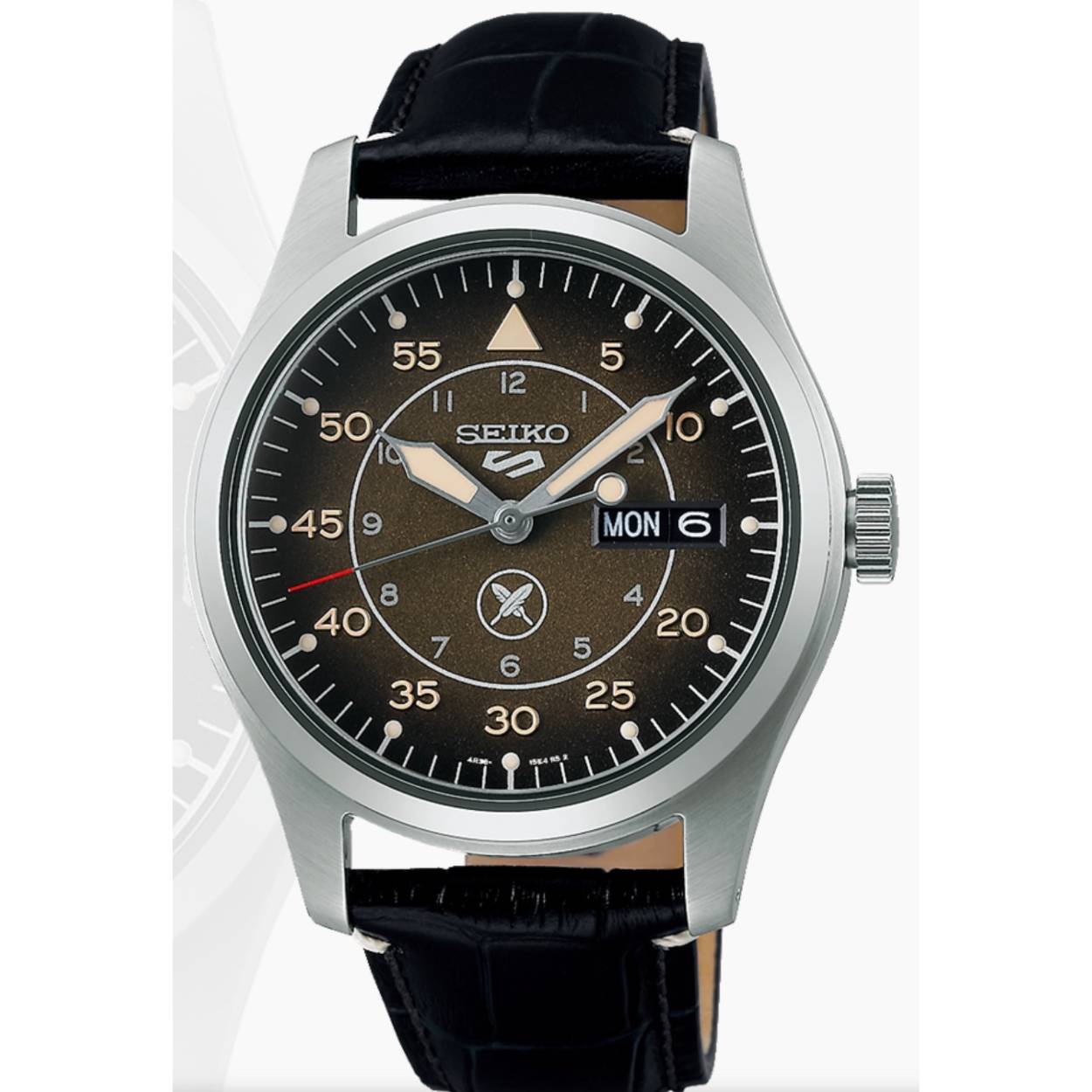 SEIKO 5 Sports Yuto Horigome Automaat zwart; Limited edition 2409/4000. Zwarte lederen band, stalen kast, donkere wijzerplaat met dag en datum.