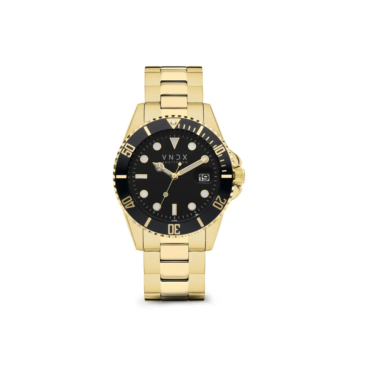 De Amsterdam Luxury, zijn klassieke luxueuze uitstraling verzorgt de klasse van je outfit. Zijn kast met een diameter van 42 mm, is de perfecte afmeting voor een gemiddelde mannenpols. Door de losse schakelband is het eenvoudig, het horloge perfect af te stellen op jouw pols.

De Amsterdam Luxury is voorzien van een klassieke wijzerplaat met datum aanduiding. Hierdoor hoef jij geen enkele afspraak, date of feestje meer te missen. Ook is de Amsterdam Luxury voorzien van een draaibare lunette, zo kun je meer controle nemen over je eigen tijd.

Kom jij tot leven in het bruisende nachtleven van Amsterdam?! Ook dan is de Amsterdam Luxury er voor je om te zorgen dat je nooit te laat bent. Je Amsterdam Luxury is voorzien van lichtgevende wijzers, die zorgen voor een “Glow in de dark” effect wanneer je losgaat in de Amsterdamse clubs.

Zo zorgt VNDX er met je Amsterdam Luxury voor dat je Never Too Late bent!