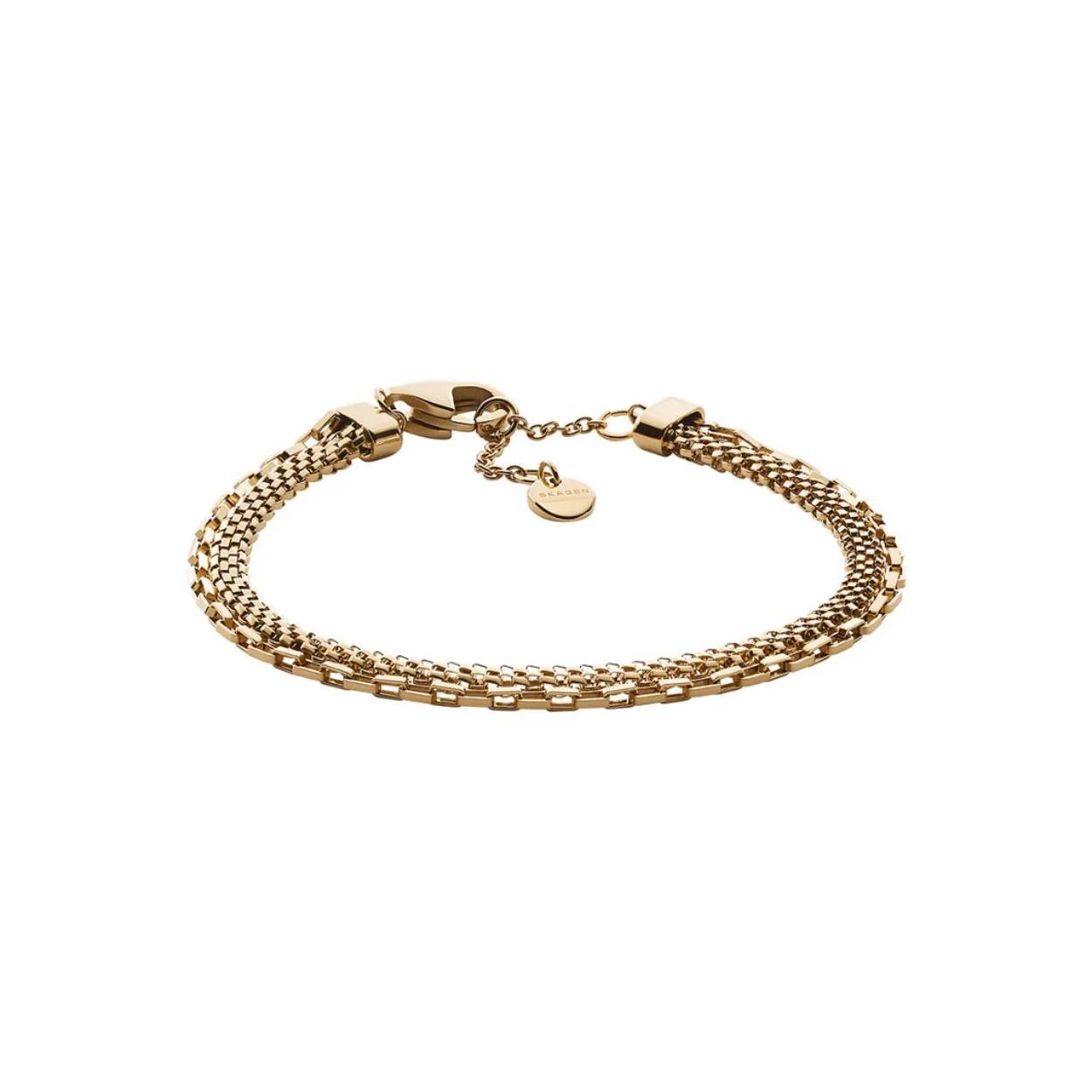 Deze dubbele armband is gemaakt van goudkleurige roestvrijstalen gelaagde schakelkettingen. Met een karabijnsluiting.