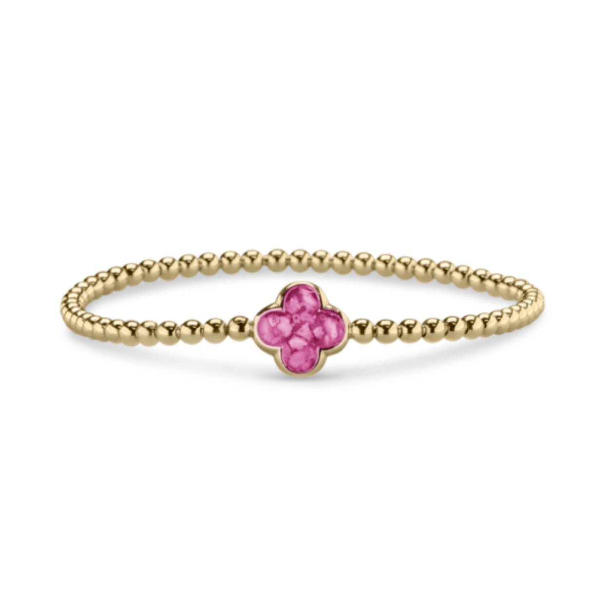 14 karaat geelgouden armband met klavertje viervormige askamer. Dit gedenksieraad wordt door ons, desgewenst in uw bijzijn, gevuld met een vulling van hars en as. Ook de kleur wordt dan in samenspraak met u samengesteld.