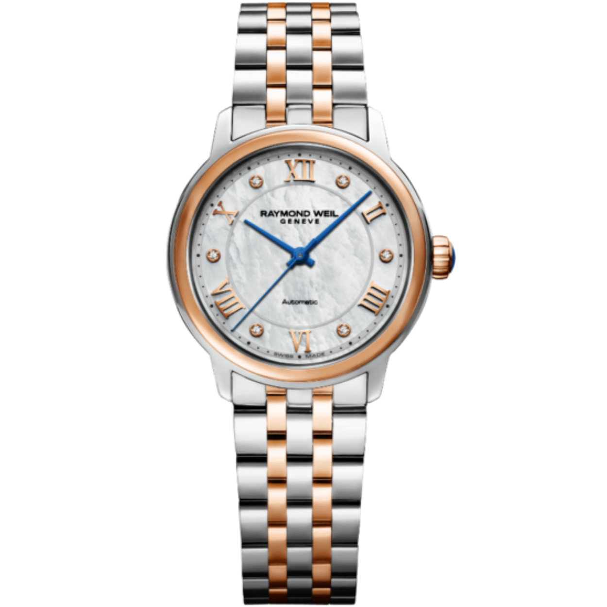 Raymond Weil dph bicolor automatic, 5atm waterdicht. 0.023ct diamant. Parelmoer wijzerplaat.