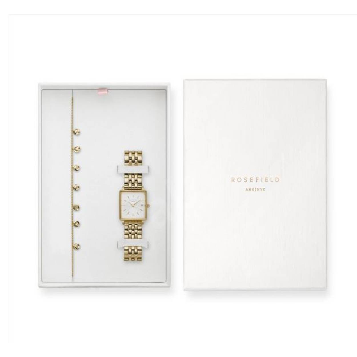 Want twee cadeaus zijn beter dan een. Bespaar 10% korting op je favoriete Rosefield horloge met een bijpassend armbandje. The Boxy XS Gold en Multi Liquid Charms armbandje.