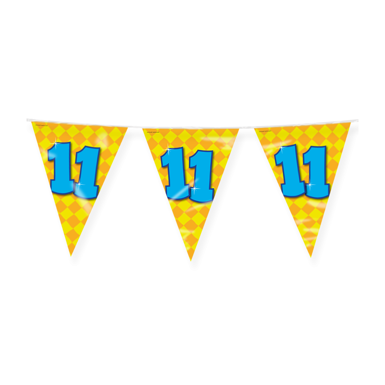 De Happy party flags 11 zijn de ideale versiering op de verjaardag van een 11-jarige. Door de vrolijke kleuren vallen deze party vlaggen dan ook extra goed op! De aan beide kanten bedrukte vlaggetjes zijn gemaakt van folie, hebben een lengte van 10 meter.
