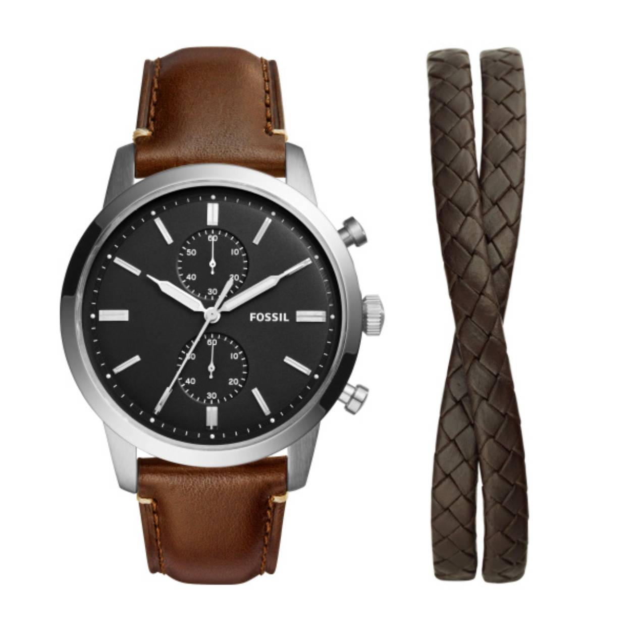Stalen Fossil horloge met leren armband uit de Townsman serie